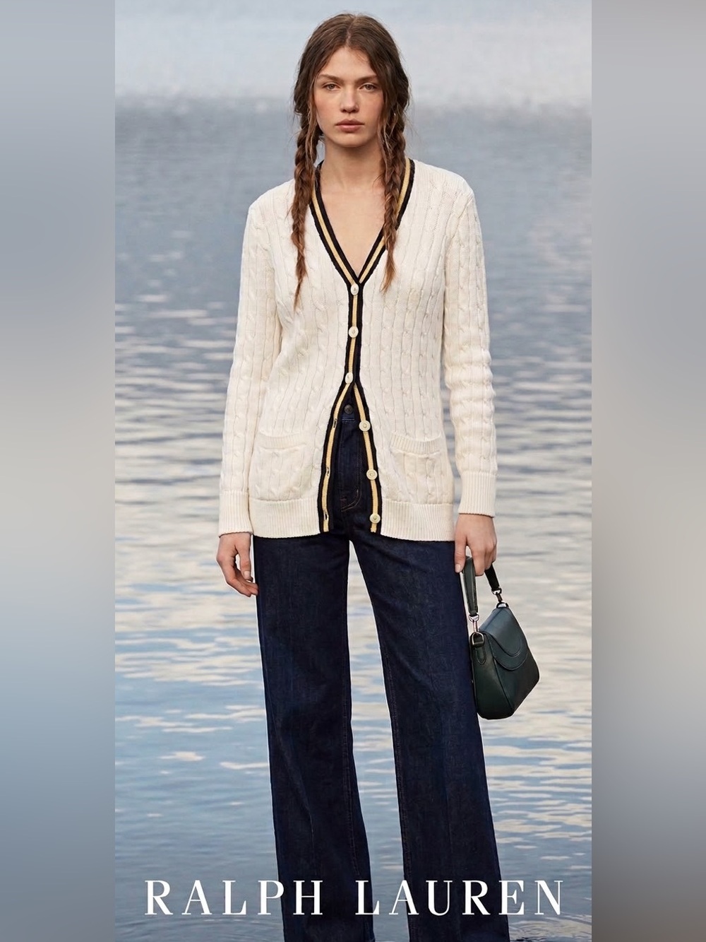 Vintage Ralph Lauren Sport M Cream Cable-Knit Cardigan sweater nautical preppy